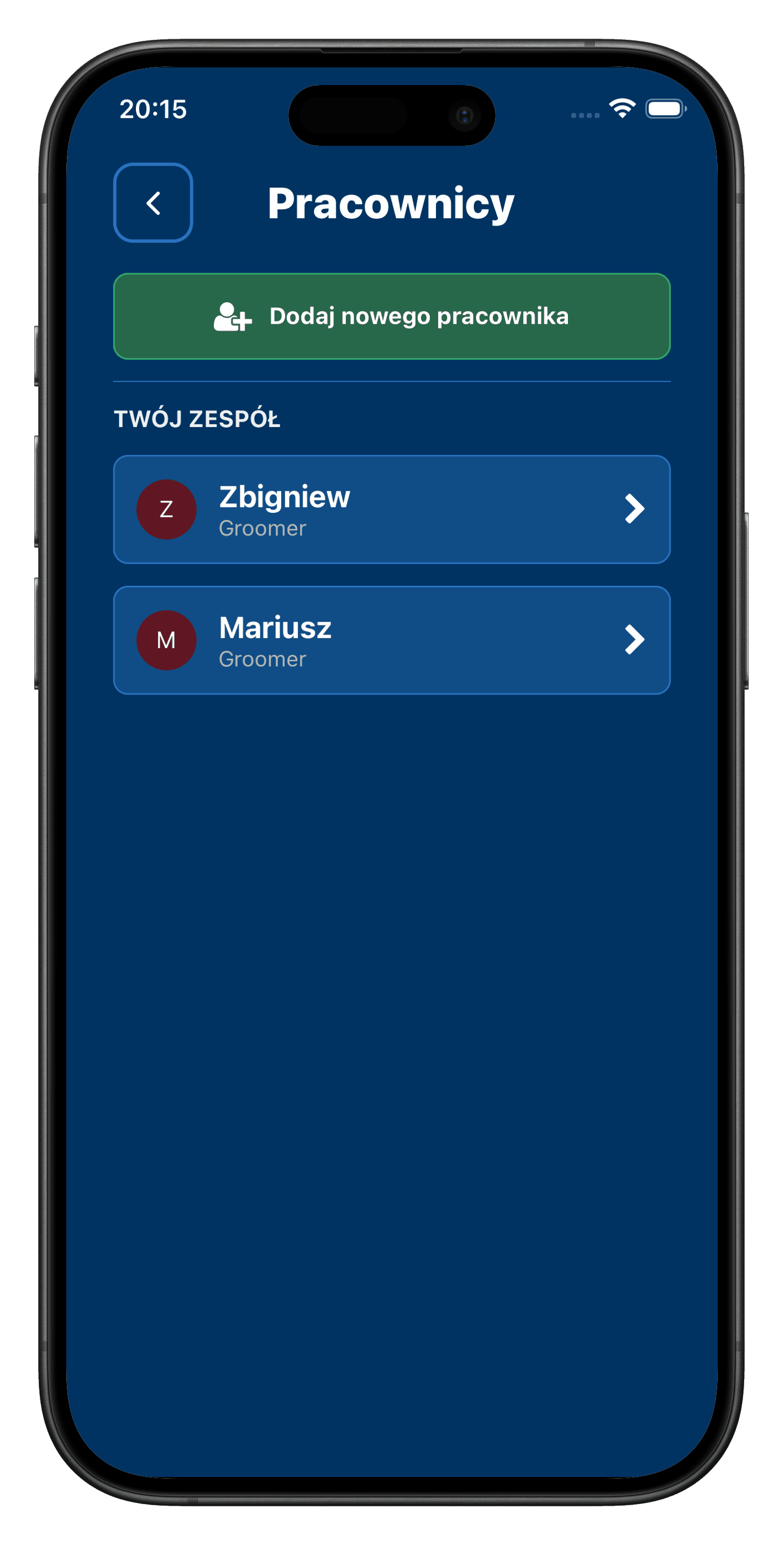 Widok zarządzania pracownikami w aplikacji mobilnej Groomee